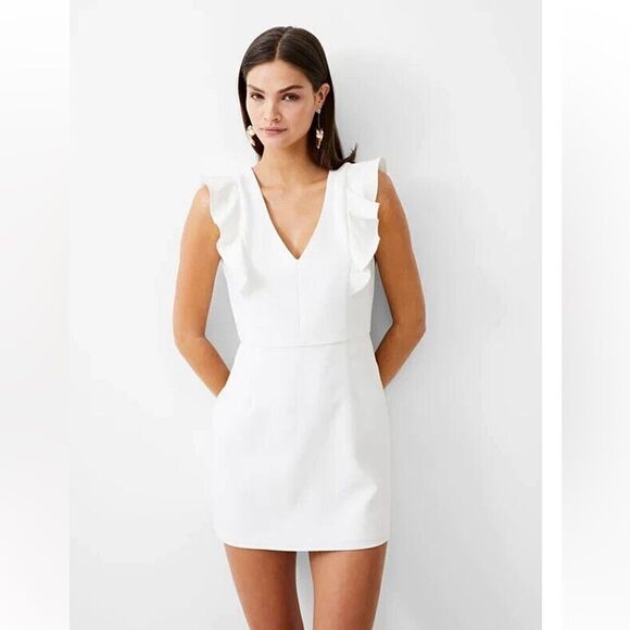 French Connection Whisper White Ruffled V-Neck Sleeveless Mini Dress Size 4 - Picture 1 of 11